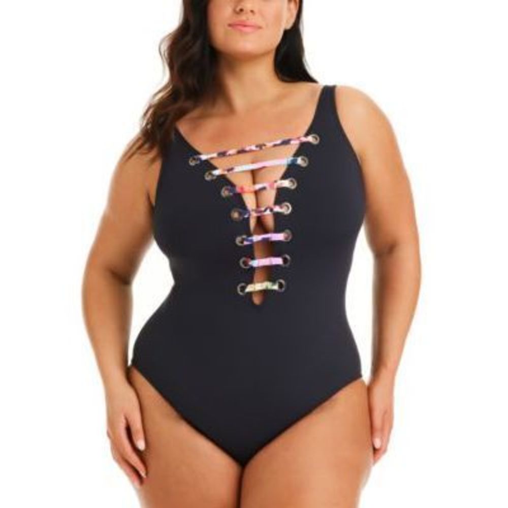 NWT Bleu By Rod Beattie Party Animal Plunge Lace Down One Piece Swimsuit